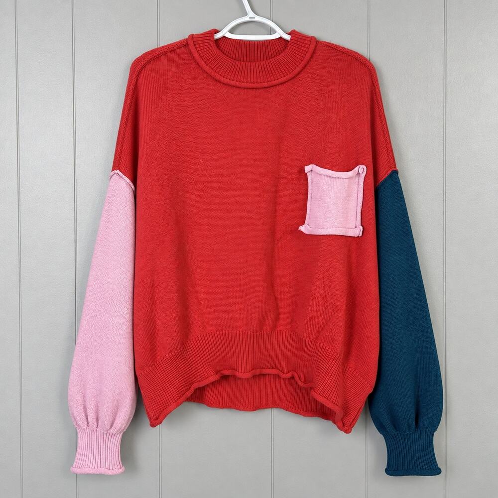 POL Colorblock Sweater Women’s M Red Pink Teal Oversized Cotton